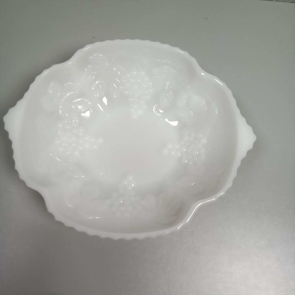 Vintage White Milk Glass Grape and Leaf Scalloped Serving Bowl 9.25 Inch